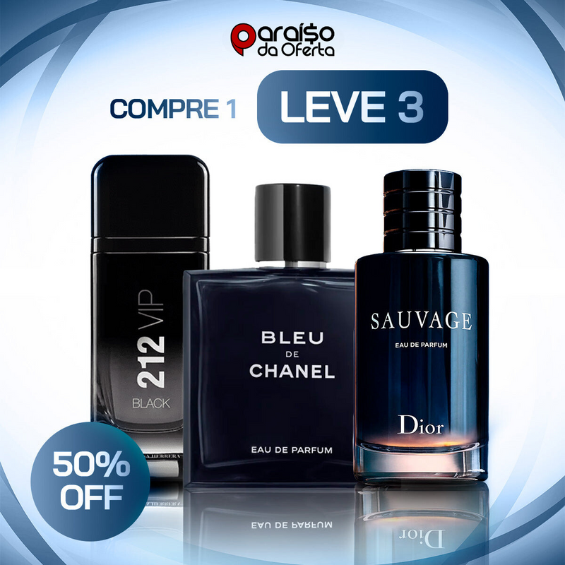 Combo 3 Perfumes Masculinos - Bleu de Chanel, Sauvage e 212 VIP Black